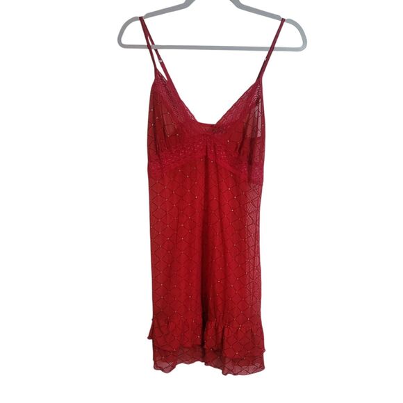 Rampage Y2K Babydoll Sheer Lace Trim Tunic Dress Women's 1X Red Silver Lingerie - Picture 1 of 10